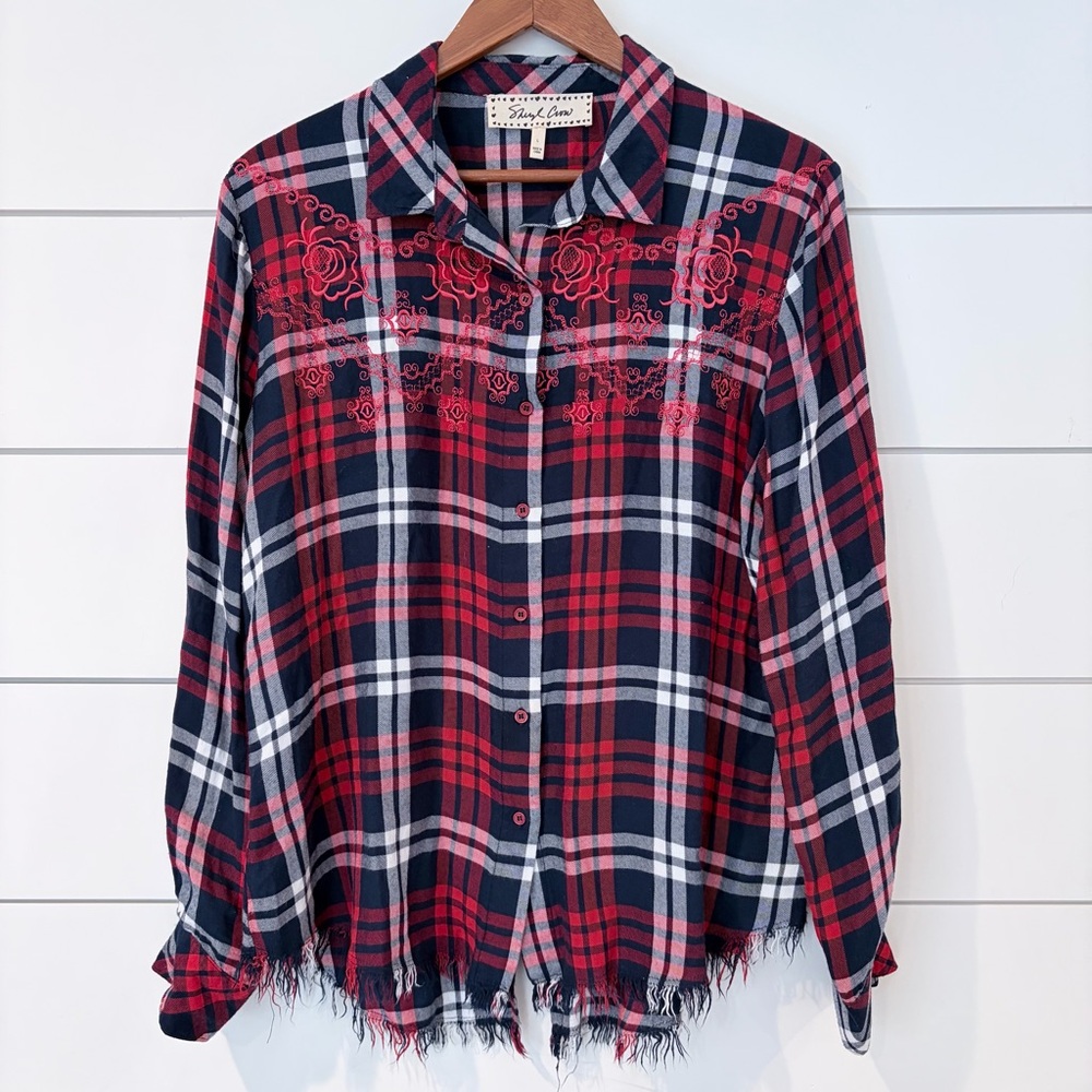 Sheryl Crow Plaid Shirt L Western Core Fringe Hem Embroidered Boho Festival